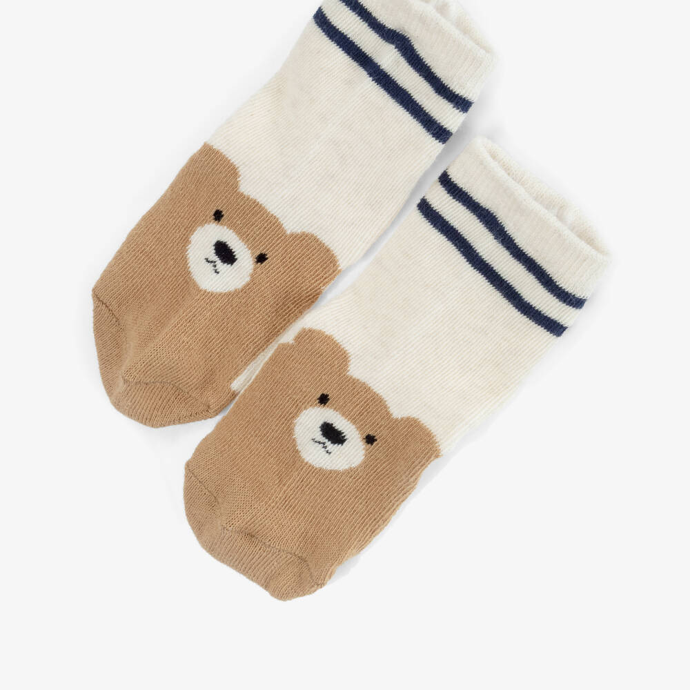 Mayoral-Navy Blue & Beige Teddy Bear Socks (3 Pack) | Childrensalon Outlet