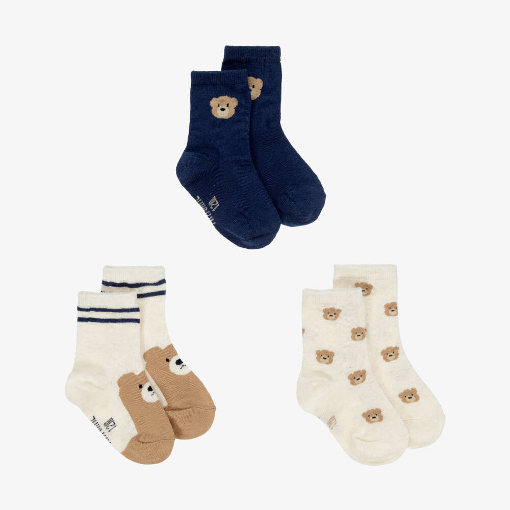 Mayoral-Navy Blue & Beige Teddy Bear Socks (3 Pack) | Childrensalon Outlet