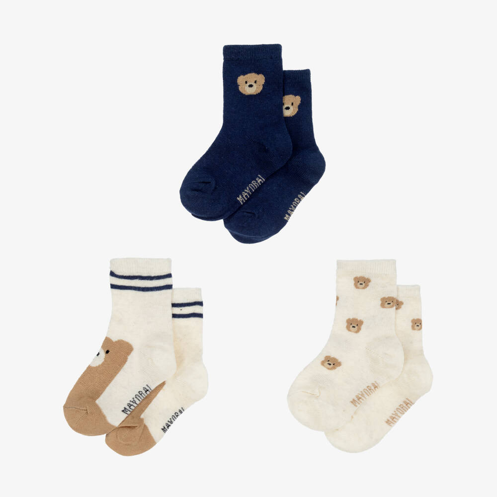 Mayoral-Navy Blue & Beige Teddy Bear Socks (3 Pack) | Childrensalon Outlet