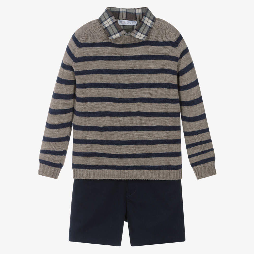 Paloma de la O-Navy Blue & Brown Cotton Shorts Set with Striped Sweater | Childrensalon Outlet