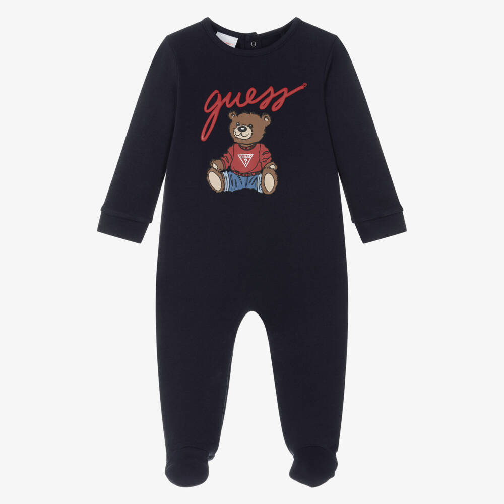 Guess-Navy Blue Cotton Babygrow with Teddy Bear Mascot | Childrensalon Outlet