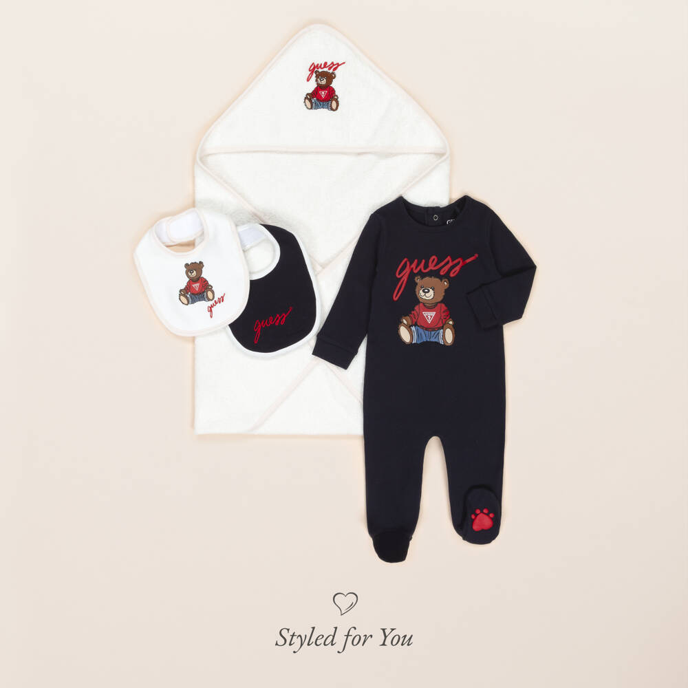 Guess-Navy Blue Cotton Babygrow with Teddy Bear Mascot | Childrensalon Outlet