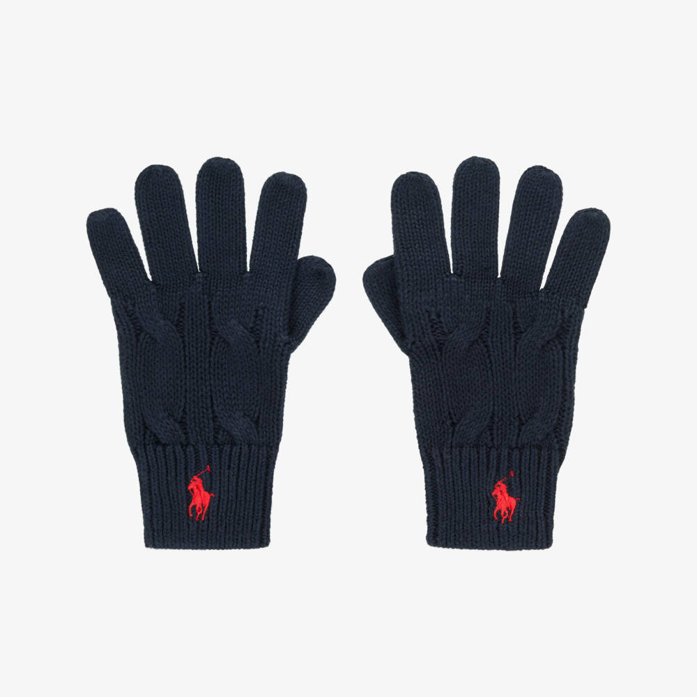Ralph Lauren-Navy Blue Cotton Cable Knit Gloves | Childrensalon Outlet