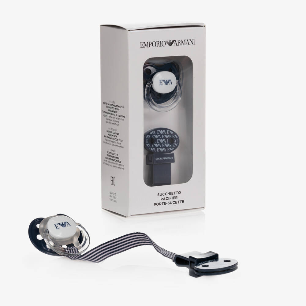 Emporio Armani-Navy Blue Dummy & Clip Set | Childrensalon Outlet