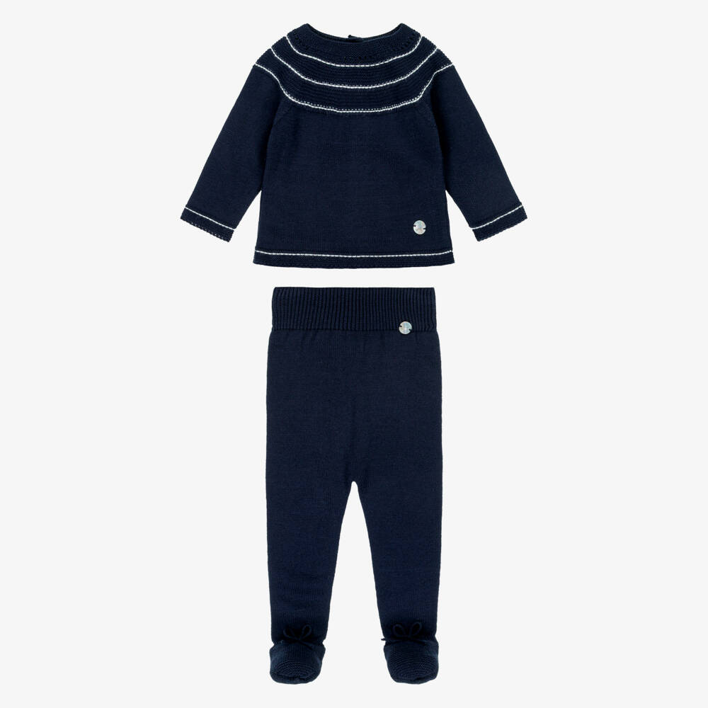 Artesanía Granlei-Navy Blue Knitted 2 Piece Babygrow with White Trim | Childrensalon Outlet
