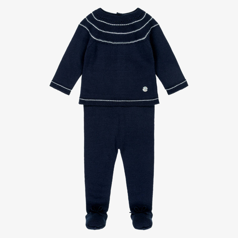 Artesanía Granlei-Navy Blue Knitted 2 Piece Babygrow with White Trim | Childrensalon Outlet