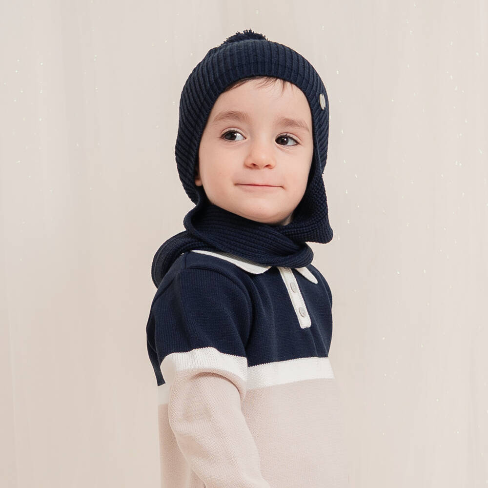 Artesanía Granlei-Navy Blue Knitted Baby Hat Scarf | Childrensalon Outlet