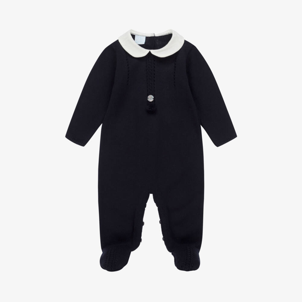 Artesanía Granlei-Navy Blue Knitted Pom-Pom Babygrow | Childrensalon Outlet