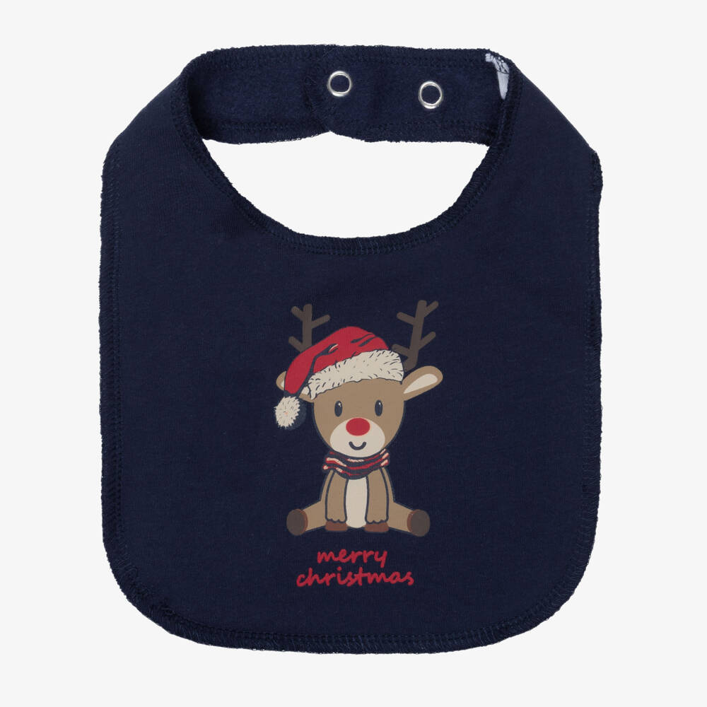 NAME IT-Navy Blue Organic Cotton Festive Reindeer Print Bib | Childrensalon Outlet