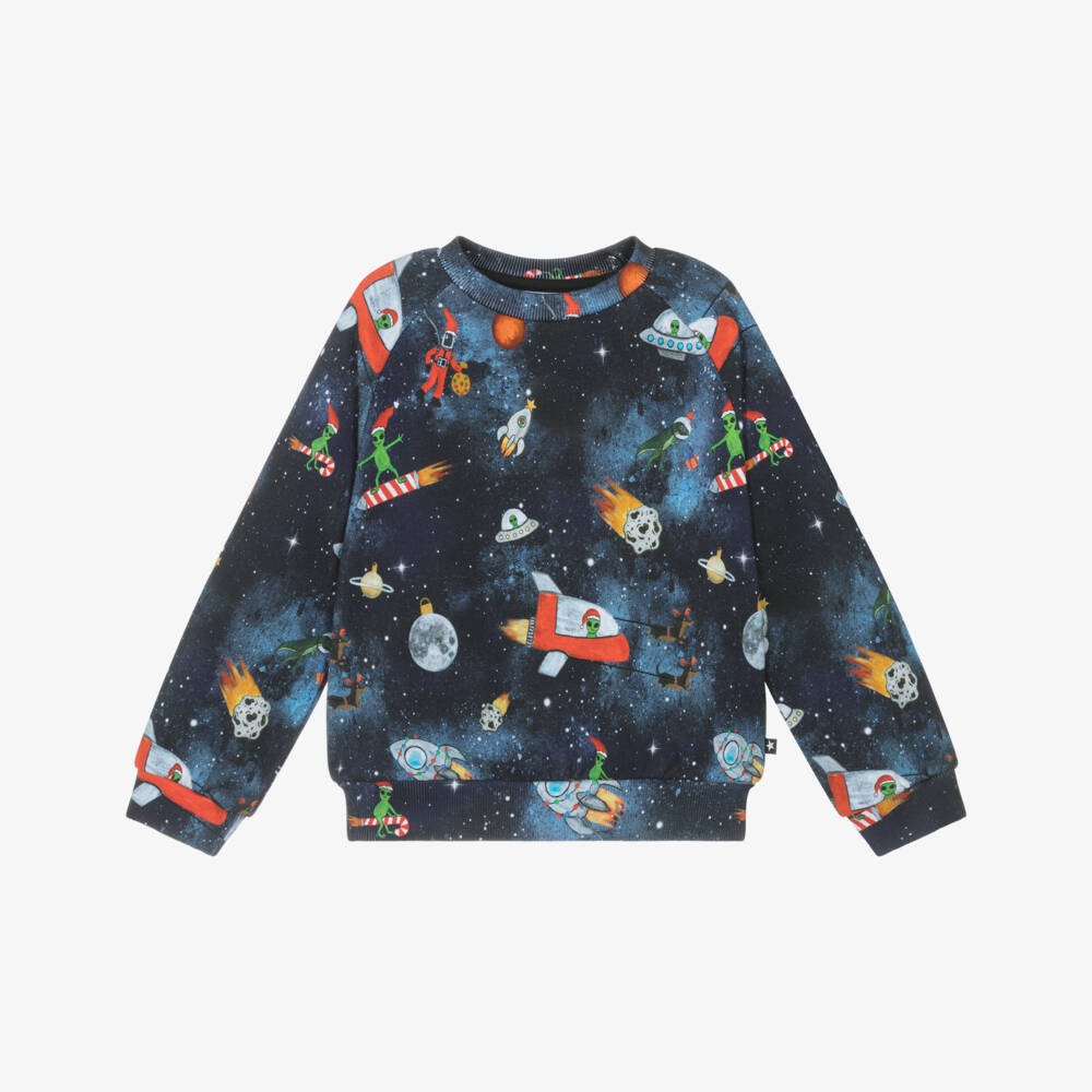 Molo-Navy Blue Organic Cotton Sweatshirt with Festive Space Print | Childrensalon Outlet