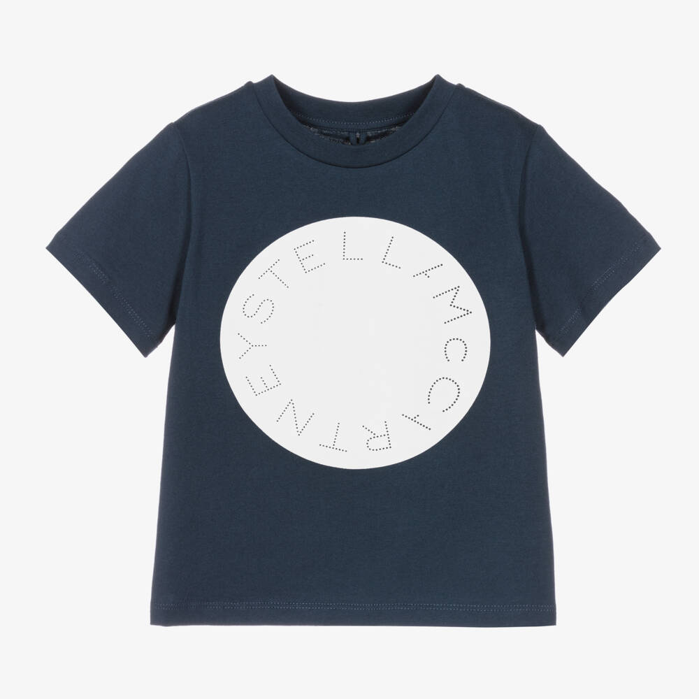 Stella McCartney Kids-Navy Blue Organic Cotton T-Shirt With Circle Logo | Childrensalon Outlet