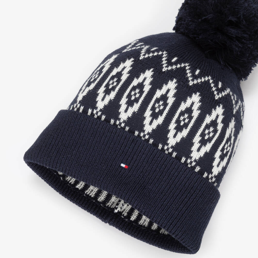 Tommy Hilfiger-Navy Blue & White Cotton Knit Fair Isle Pom-Pom Hat | Childrensalon Outlet