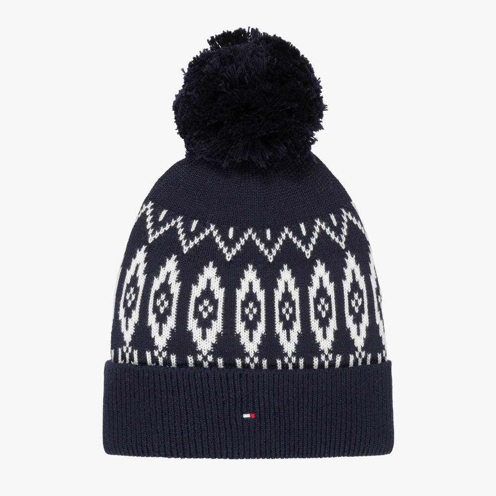 Tommy Hilfiger-Navy Blue & White Cotton Knit Fair Isle Pom-Pom Hat | Childrensalon Outlet