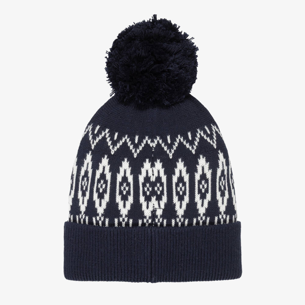 Tommy Hilfiger-Navy Blue & White Cotton Knit Fair Isle Pom-Pom Hat | Childrensalon Outlet
