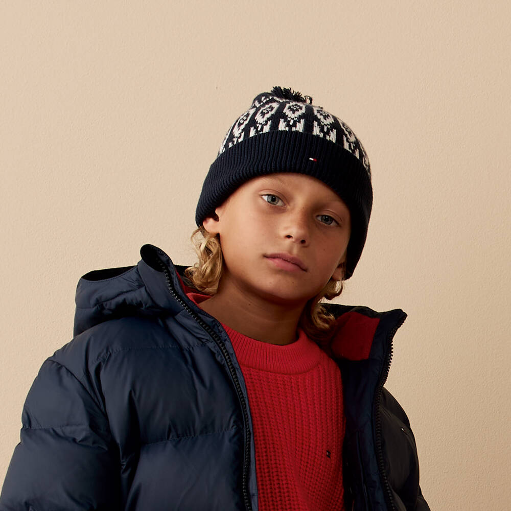 Tommy Hilfiger-Navy Blue & White Cotton Knit Fair Isle Pom-Pom Hat | Childrensalon Outlet