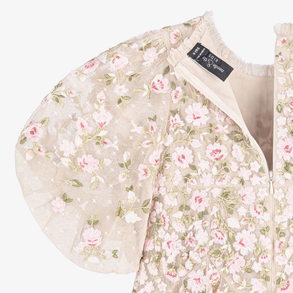 Needle & Thread-Girls Beige Tulle Dress with Embroidered Pink Flowers | Childrensalon Outlet
