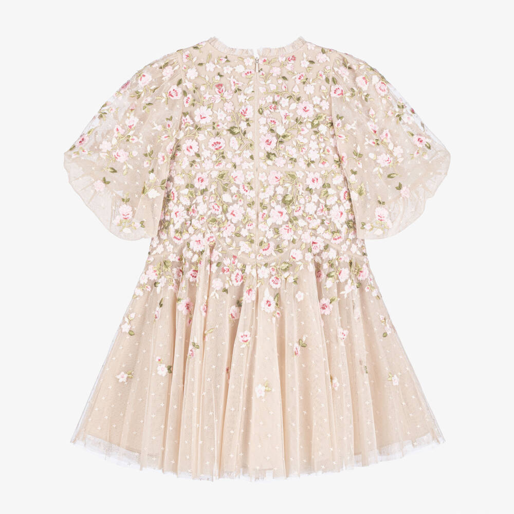 Needle & Thread-Girls Beige Tulle Dress with Embroidered Pink Flowers | Childrensalon Outlet