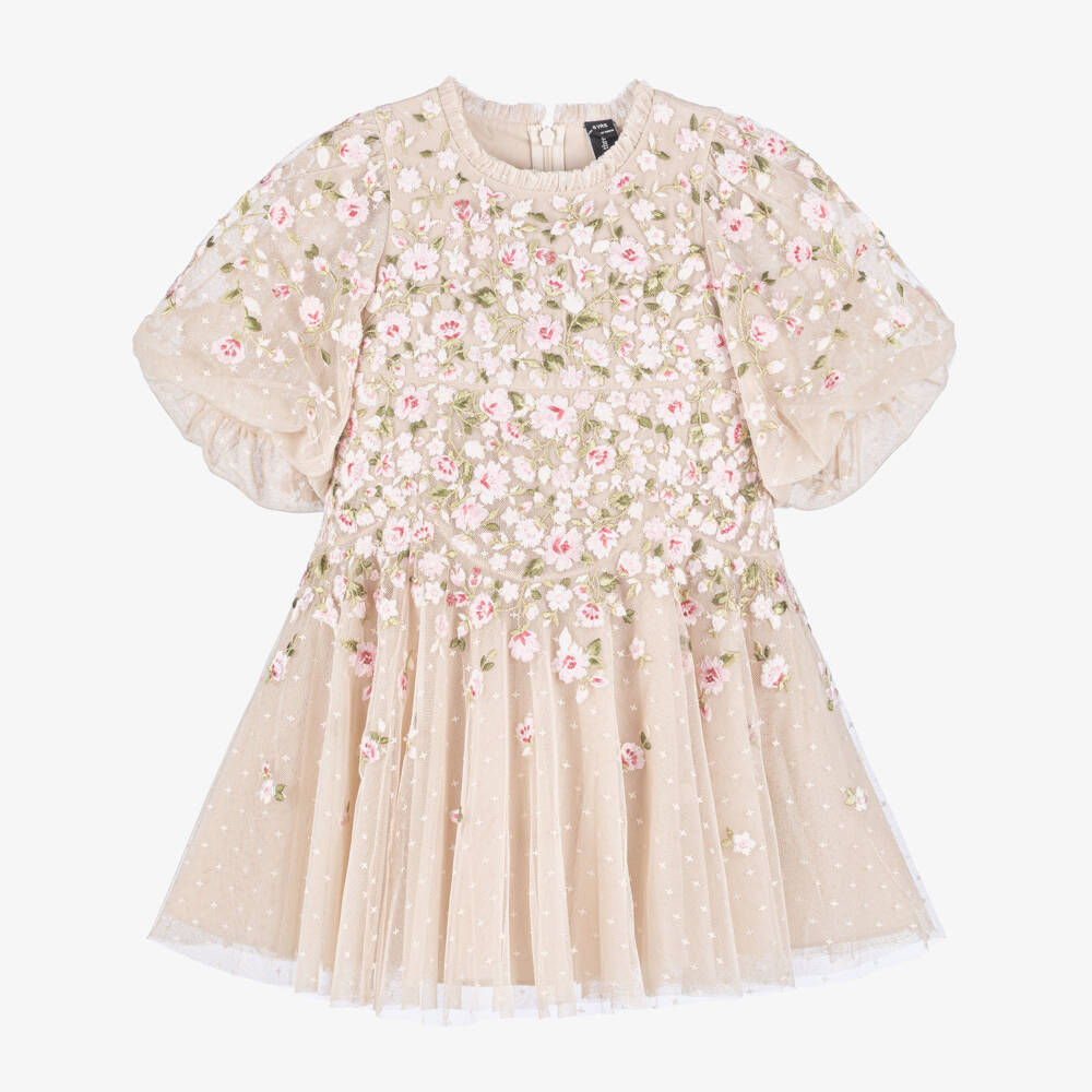 Needle & Thread-Girls Beige Tulle Dress with Embroidered Pink Flowers | Childrensalon Outlet