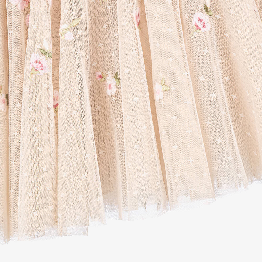 Needle & Thread-Girls Beige Tulle Dress with Embroidered Pink Flowers | Childrensalon Outlet