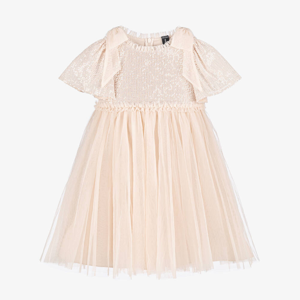 Needle & Thread-Girls Beige Tulle Dress with Sequin Bodice & Bow Trim | Childrensalon Outlet