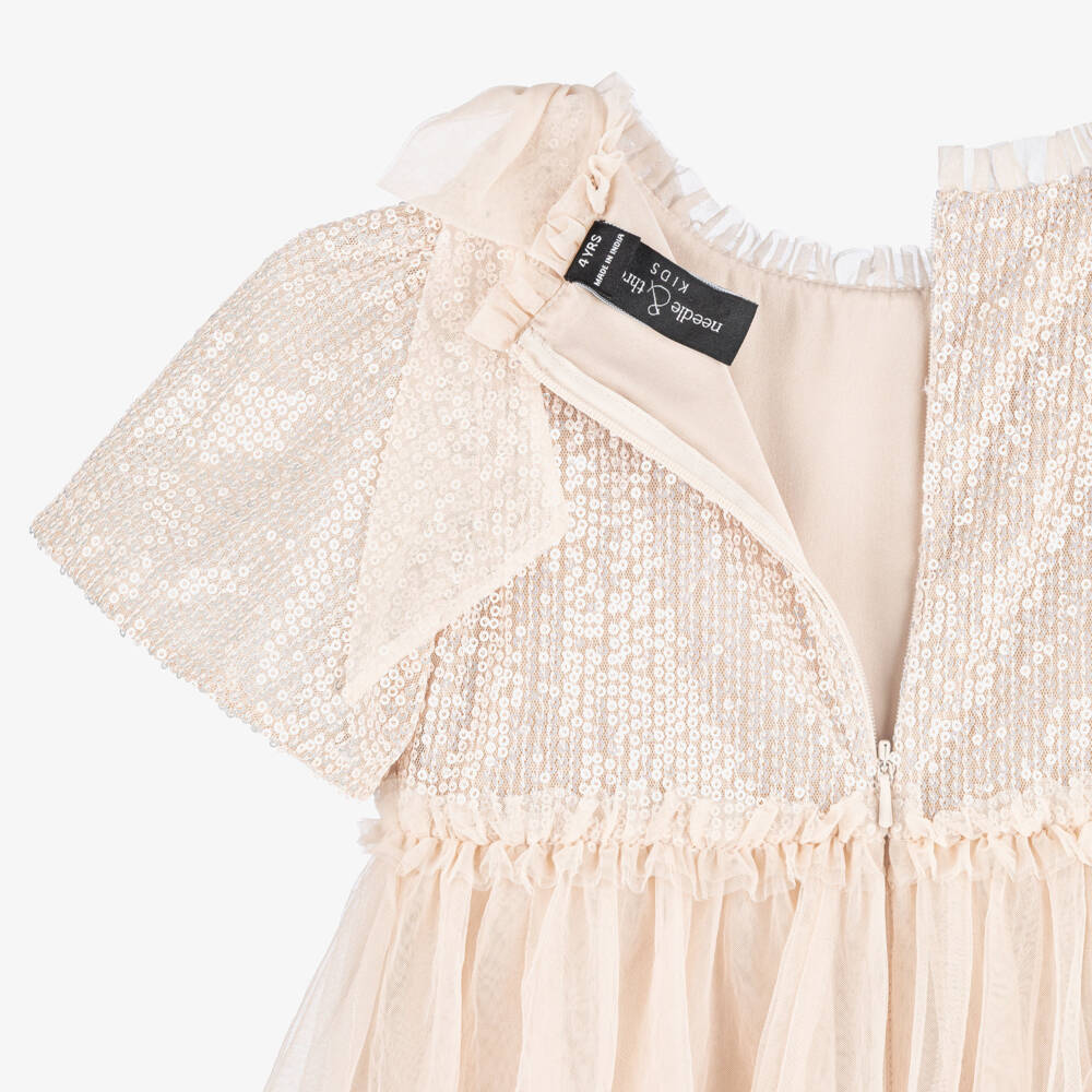 Needle & Thread-Girls Beige Tulle Dress with Sequin Bodice & Bow Trim | Childrensalon Outlet