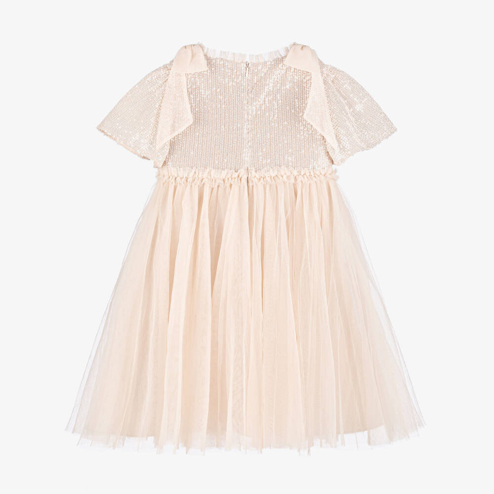 Needle & Thread-Girls Beige Tulle Dress with Sequin Bodice & Bow Trim | Childrensalon Outlet