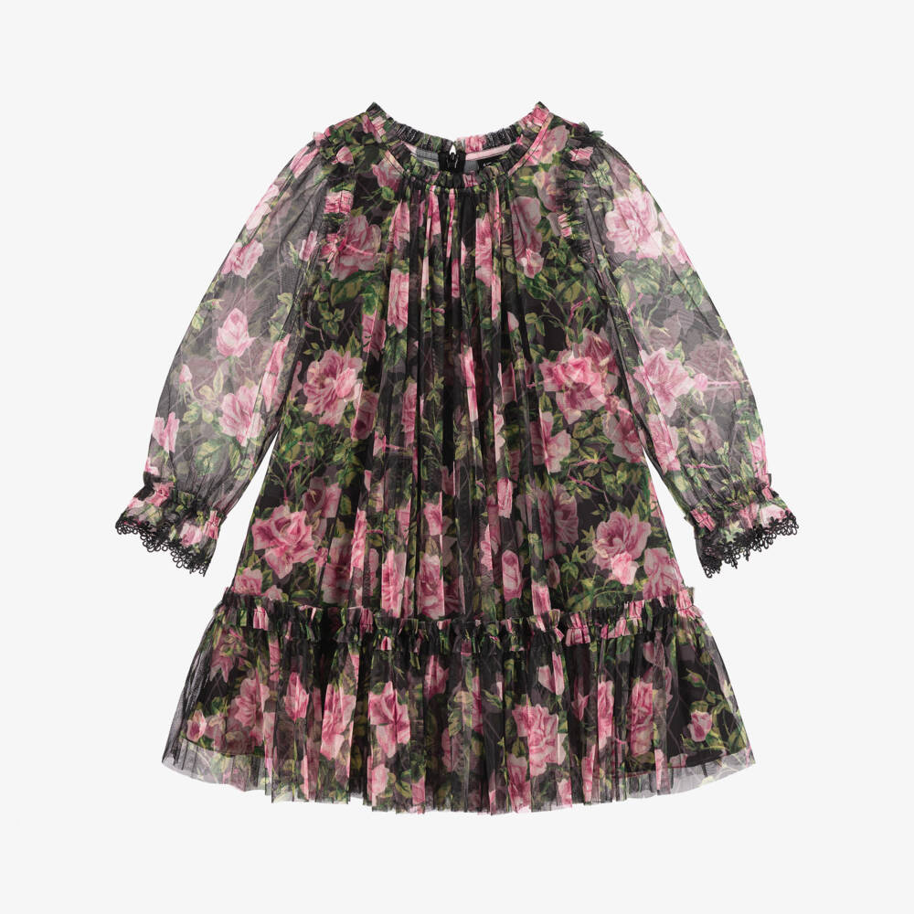 Needle & Thread-Girls Black & Pink Rose Print Tulle Dress | Childrensalon Outlet