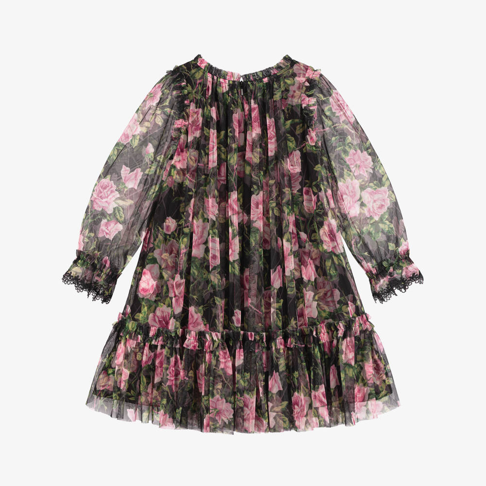 Needle & Thread-Girls Black & Pink Rose Print Tulle Dress | Childrensalon Outlet