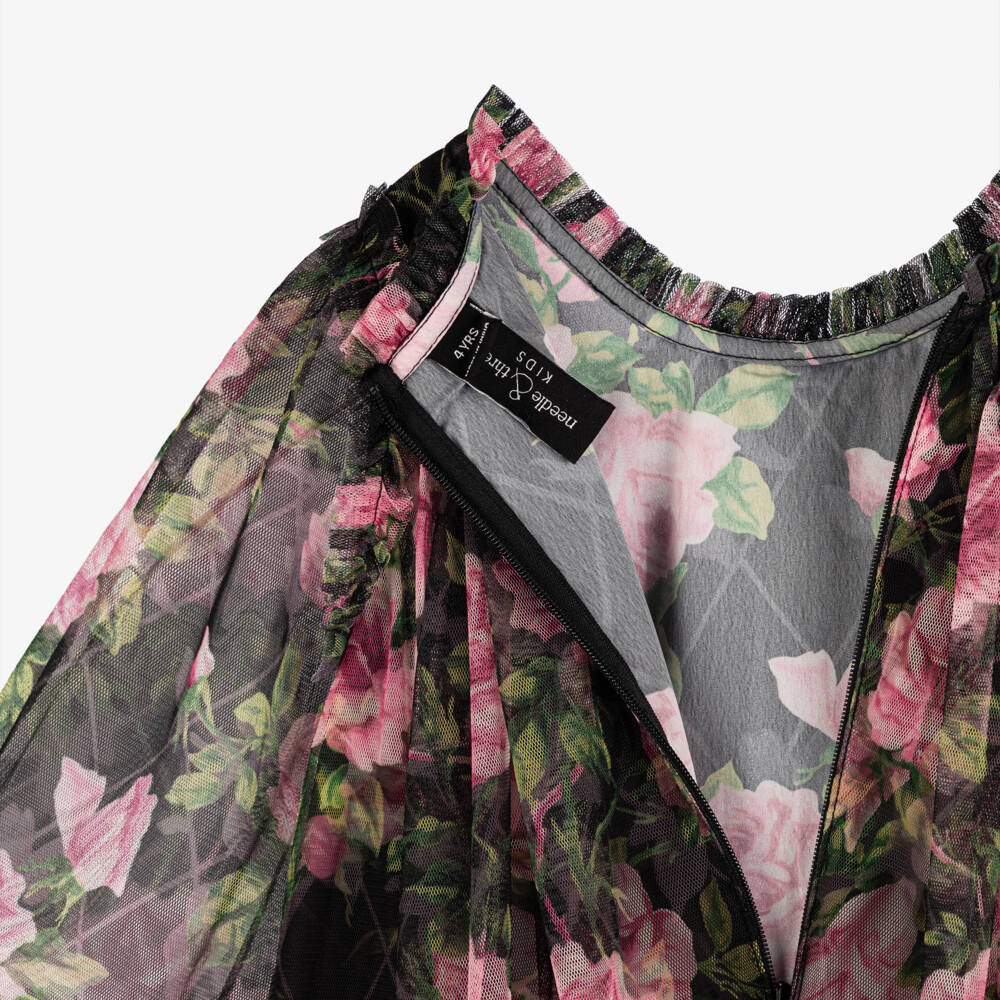 Needle & Thread-Girls Black & Pink Rose Print Tulle Dress | Childrensalon Outlet