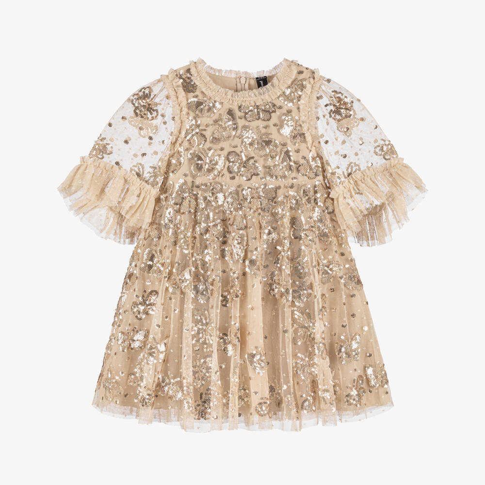Needle & Thread-فستان ذهبي للبنات مزين بالترتر على شكل فراشة | Childrensalon Outlet