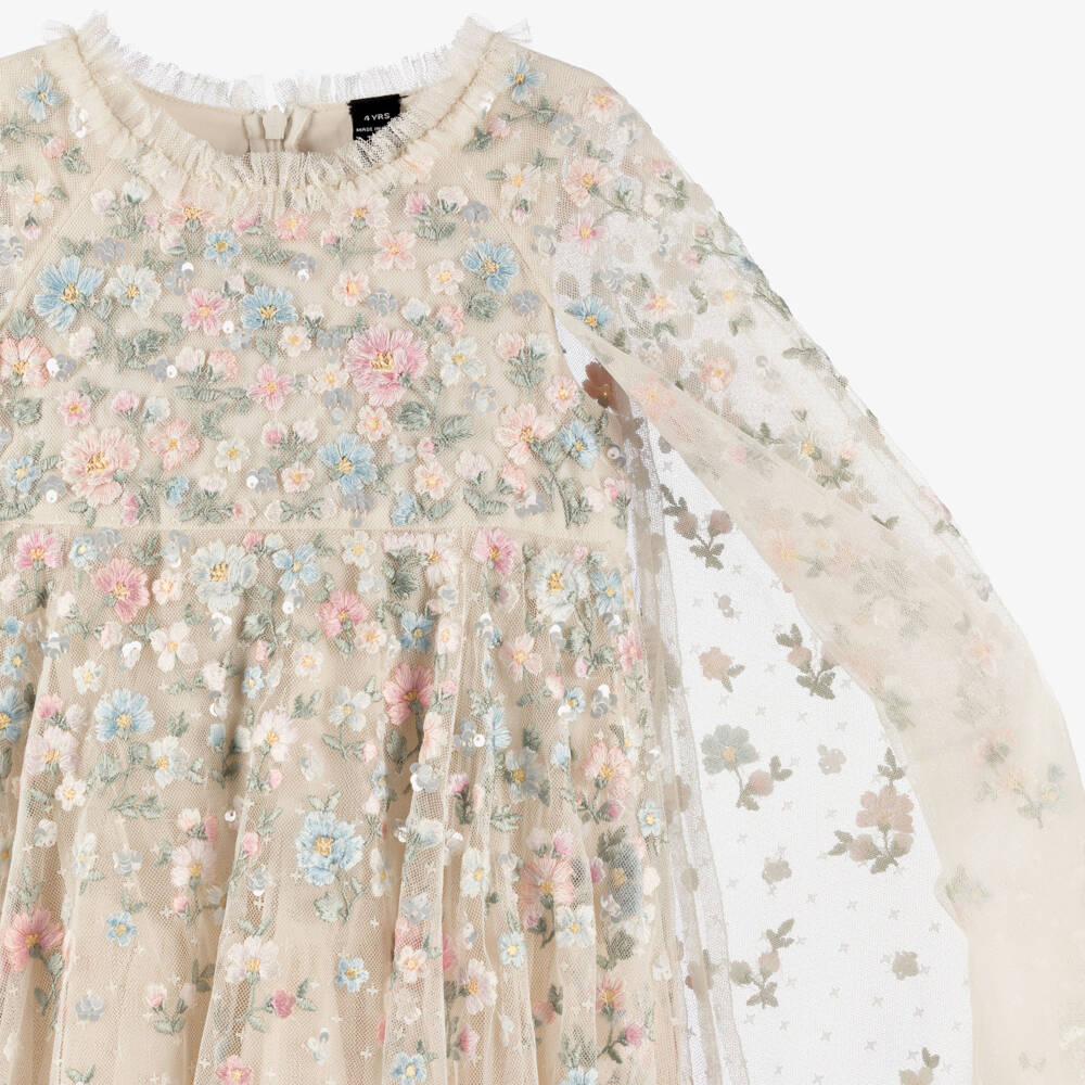 Needle & Thread-Girls Ivory Floral Embroidered Dahlia Ditsy Cape Dress | Childrensalon Outlet