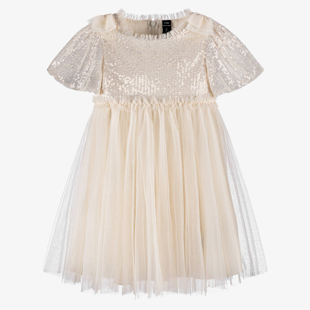 Needle & Thread-Girls Ivory Sequinned Tulle Dress with Bows | Childrensalon Outlet