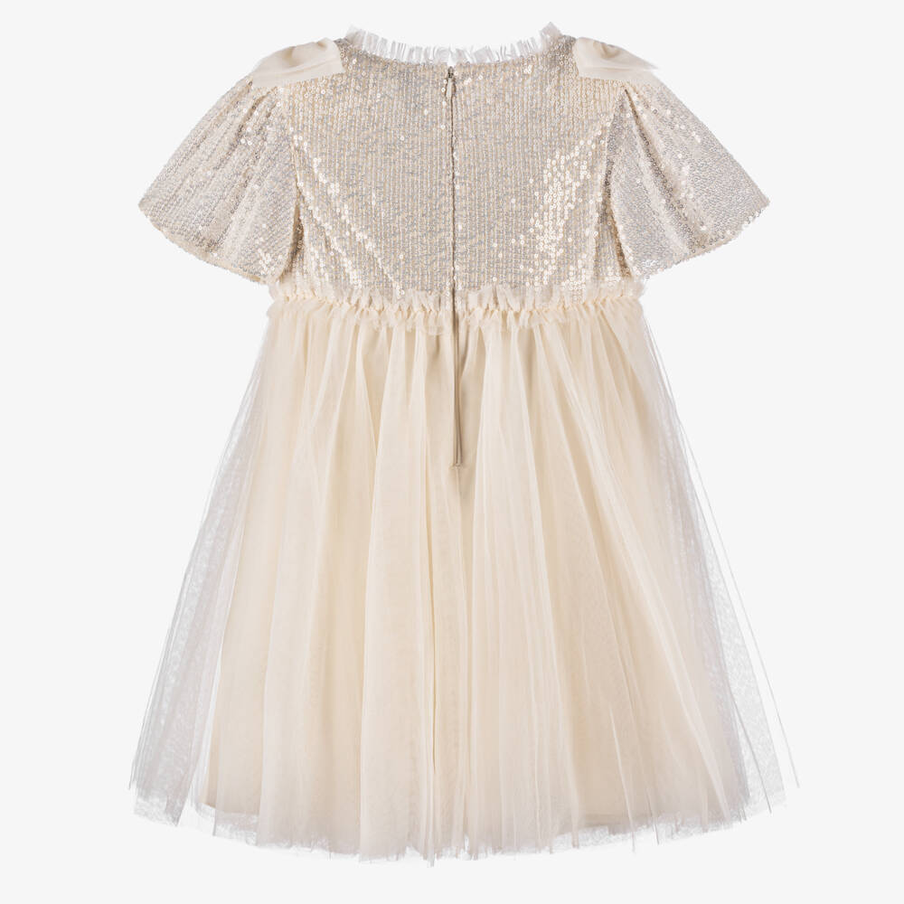 Needle & Thread-Girls Ivory Sequinned Tulle Dress with Bows | Childrensalon Outlet