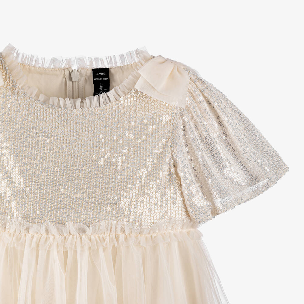 Needle & Thread-Girls Ivory Sequinned Tulle Dress with Bows | Childrensalon Outlet