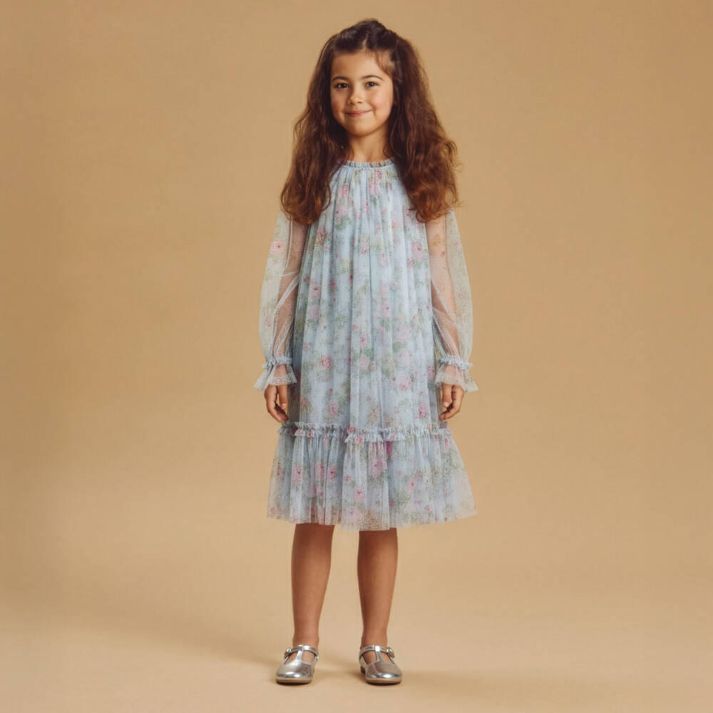 Needle & Thread-Girls Pale Blue Pompadour Garden Floral Print Dress | Childrensalon Outlet