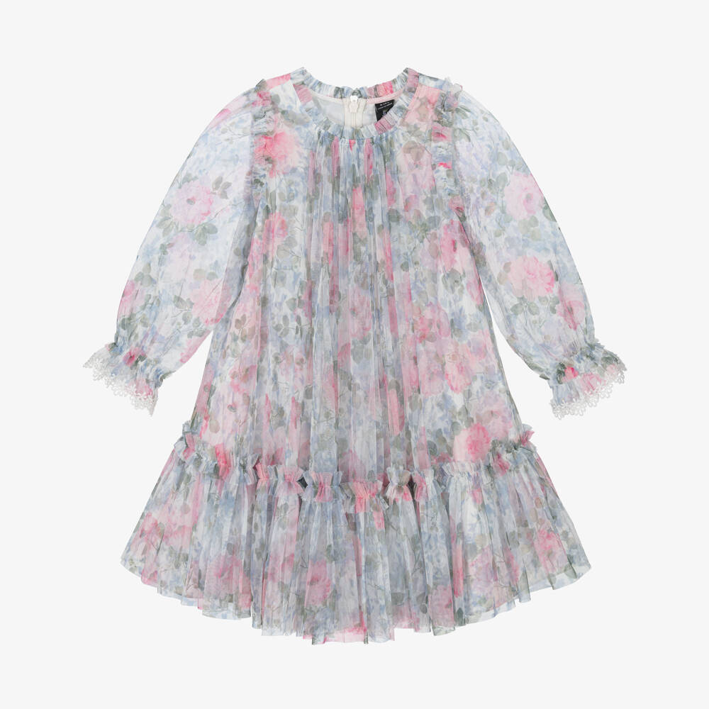 Needle & Thread-Girls Pink & Blue Floral Printed Tulle Dress | Childrensalon Outlet