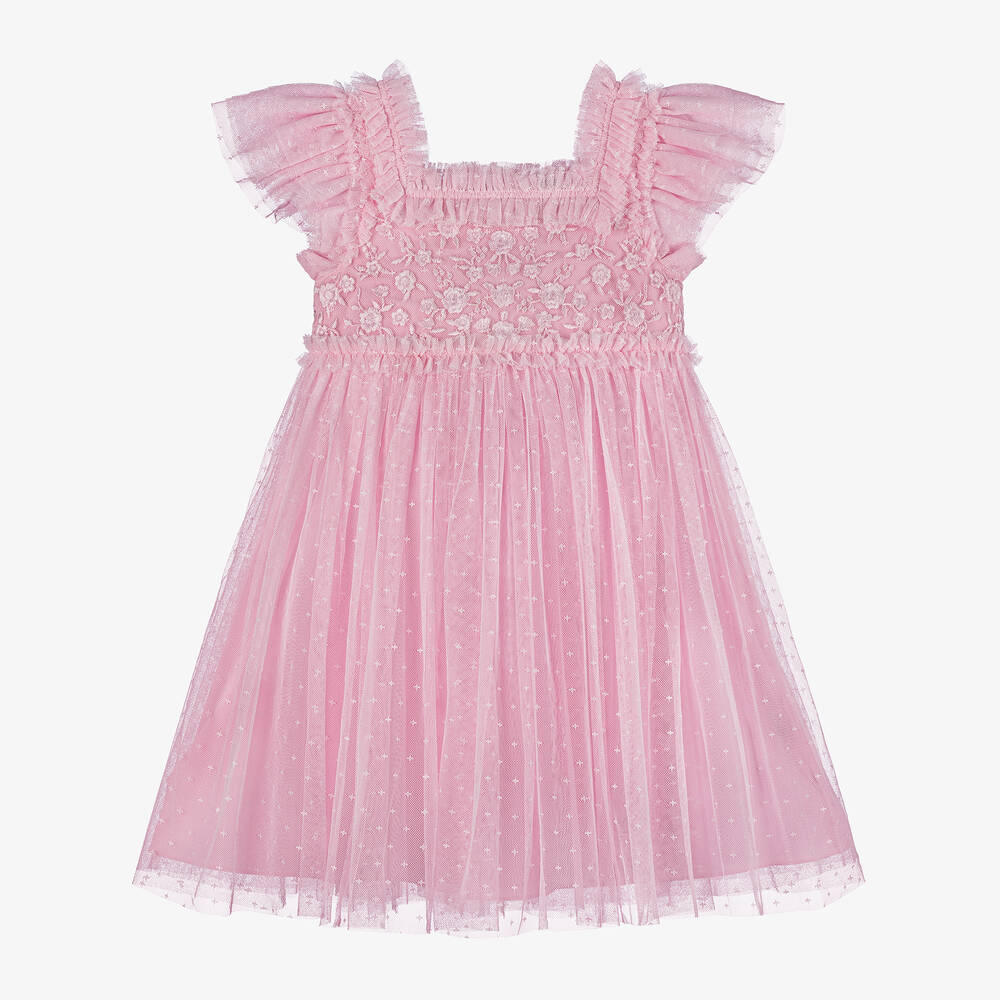 Girls Pink Embroidered Tulle Dress | Childrensalon Outlet