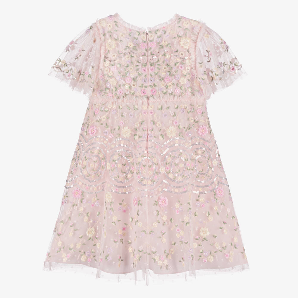 Needle & Thread-Girls Pink Tulle Dress with Lilac & Ivory Floral Embroidery | Childrensalon Outlet