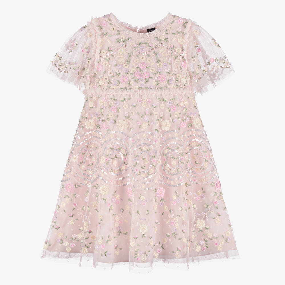 Needle & Thread-Girls Pink Tulle Dress with Lilac & Ivory Floral Embroidery | Childrensalon Outlet