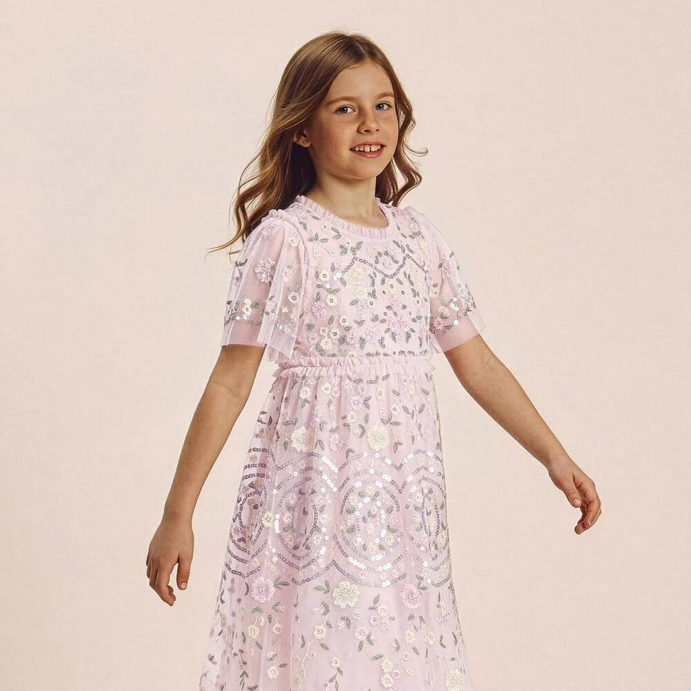 Needle & Thread-Girls Pink Tulle Dress with Lilac & Ivory Floral Embroidery | Childrensalon Outlet