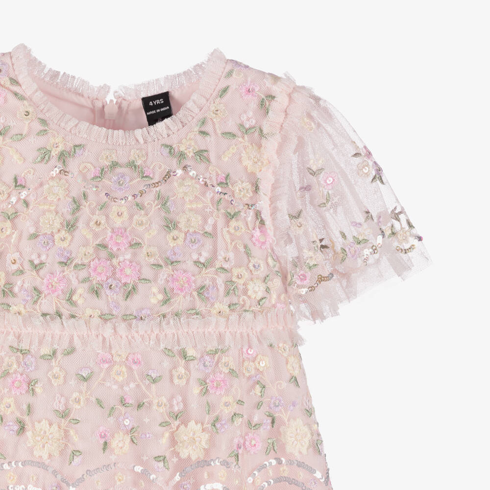 Needle & Thread-Girls Pink Tulle Dress with Lilac & Ivory Floral Embroidery | Childrensalon Outlet