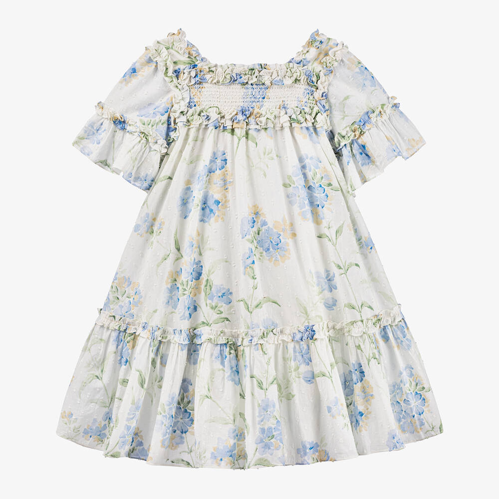 Needle & Thread-Girls White & Blue Floral Cotton Dress | Childrensalon Outlet