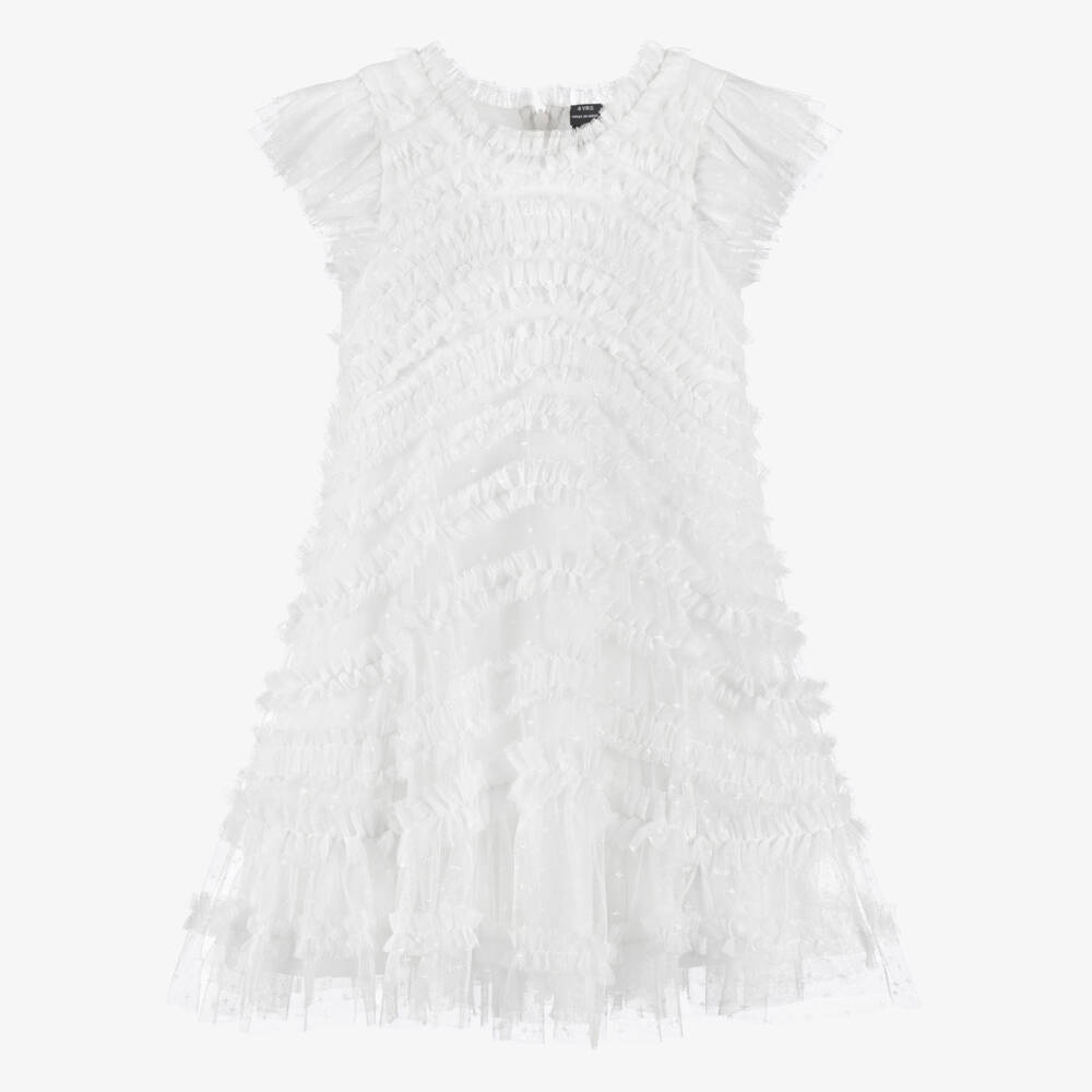 Needle & Thread-Girls White Tulle Dress with Wavy Ruffles | Childrensalon Outlet