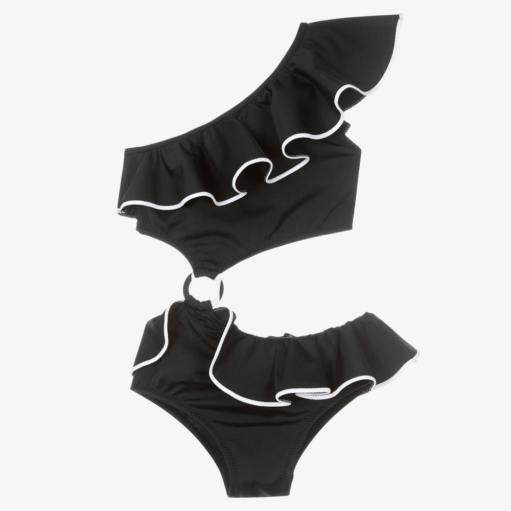 Nessi Byrd - Girls Black Asymmetric Swimsuit (UV50) | Childrensalon