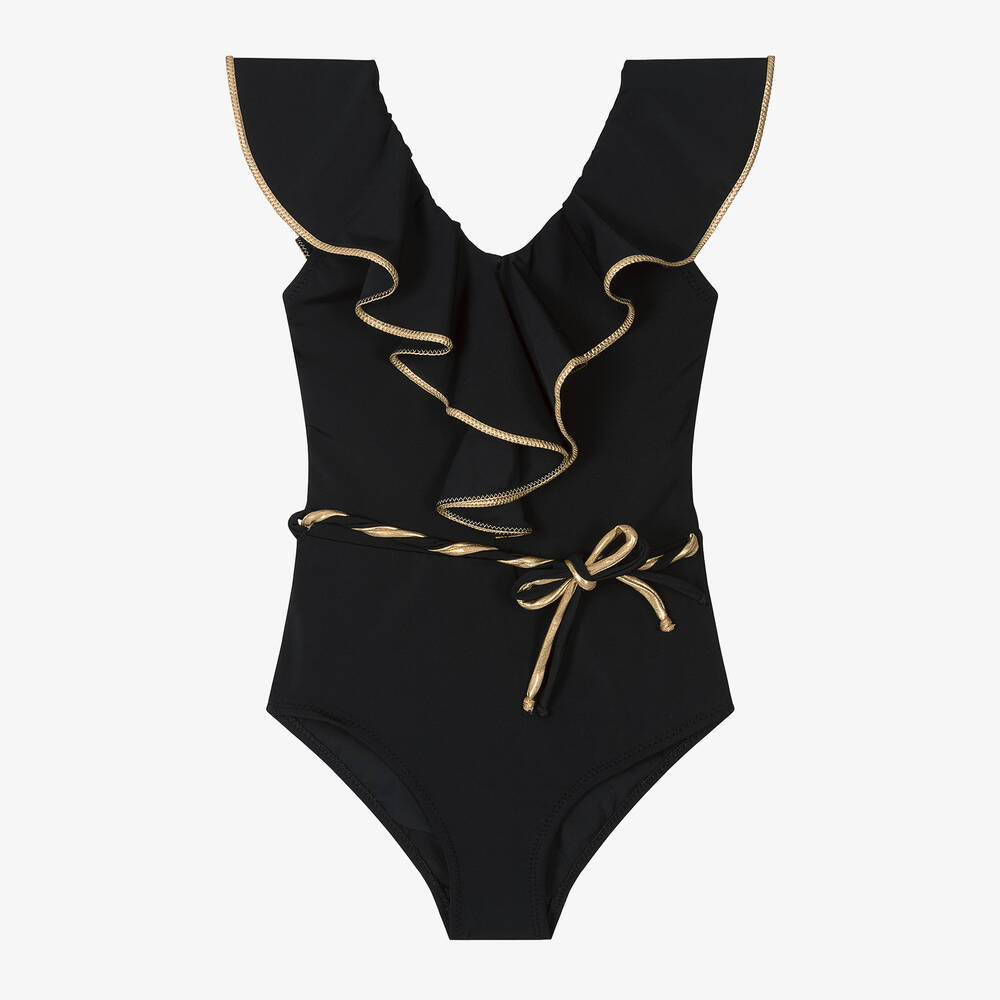 Nessi Byrd-Girls Black Ruffle Swimsuit (UV50) | Childrensalon Outlet