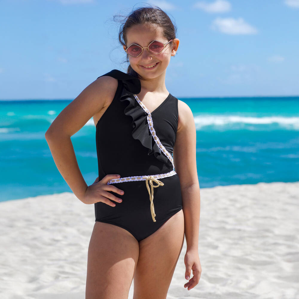 Nessi Byrd-Girls Black Ruffle Swimsuit (UV50) | Childrensalon Outlet