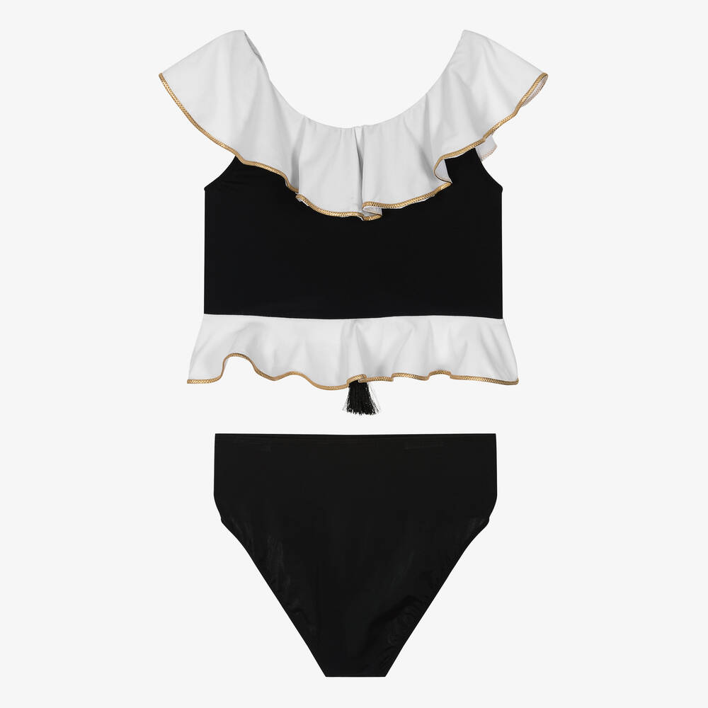 Nessi Byrd-Girls Black & White Ruffle Tankini (UV50) | Childrensalon Outlet