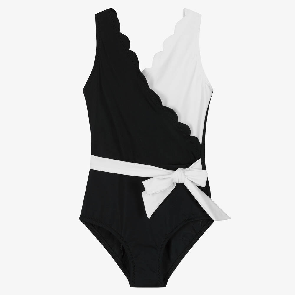 Nessi Byrd - Girls Black & White Scalloped Swimsuit (UV50) | Childrensalon