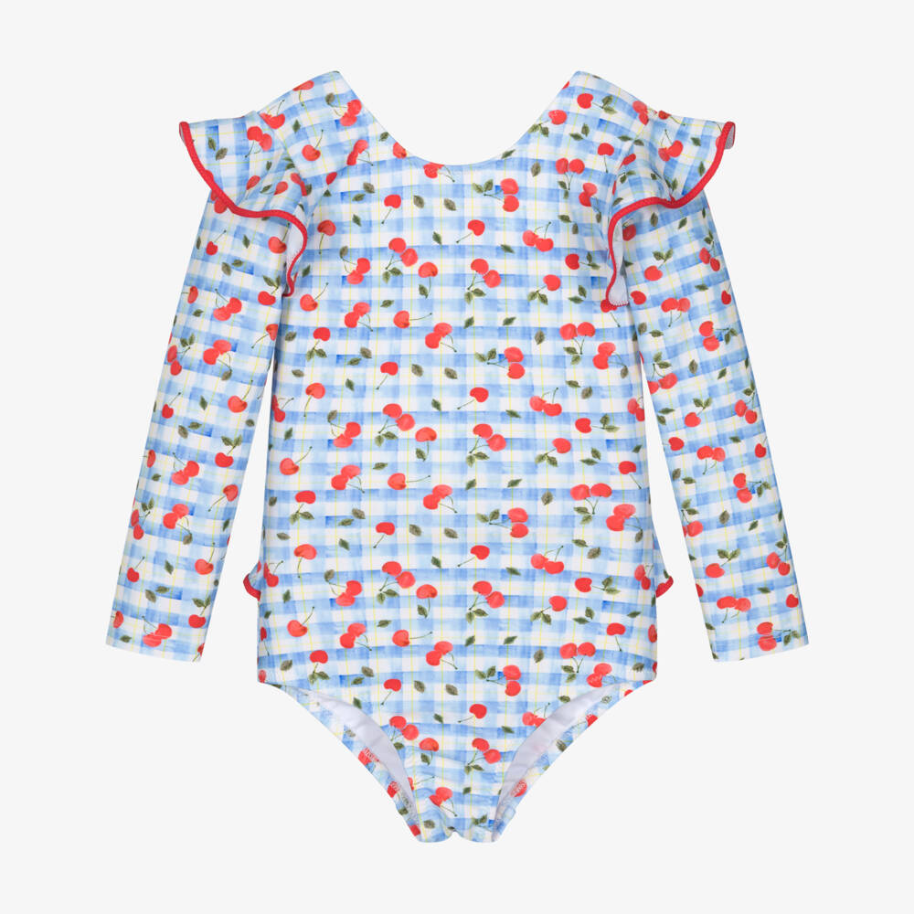 Nessi Byrd-Girls Blue Gingham & Cherry Print Swimsuit (UV50) | Childrensalon Outlet
