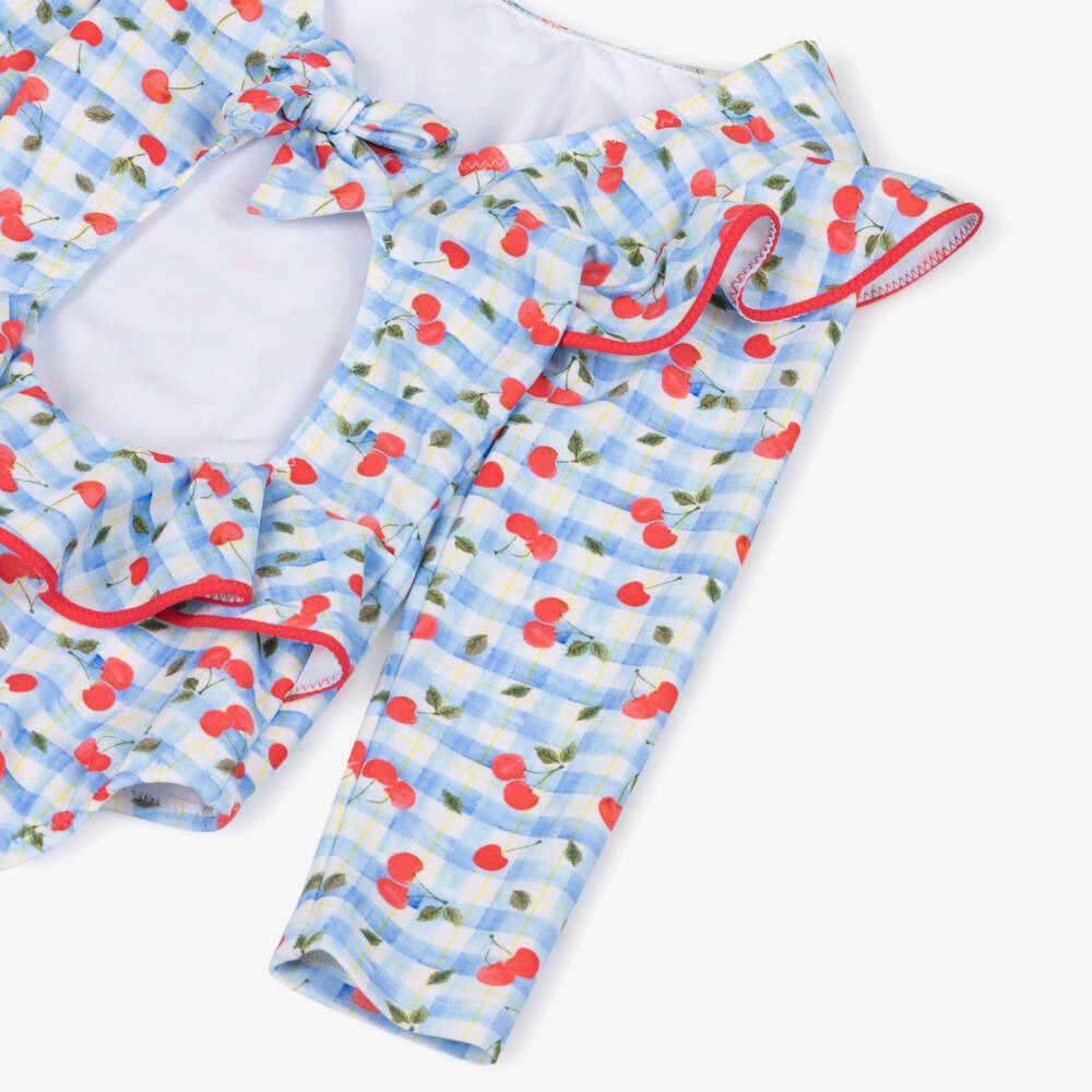 Nessi Byrd-Girls Blue Gingham & Cherry Print Swimsuit (UV50) | Childrensalon Outlet